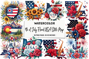 4th of July Floral USA State Map Cli, an Illustration by DreamArtGraphic