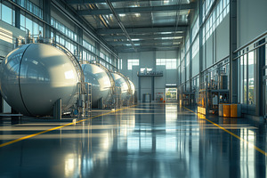 A spacious industrial facility featuring large spherical tanks, polished concre, an Industrial Photo by Textures & Backgrounds