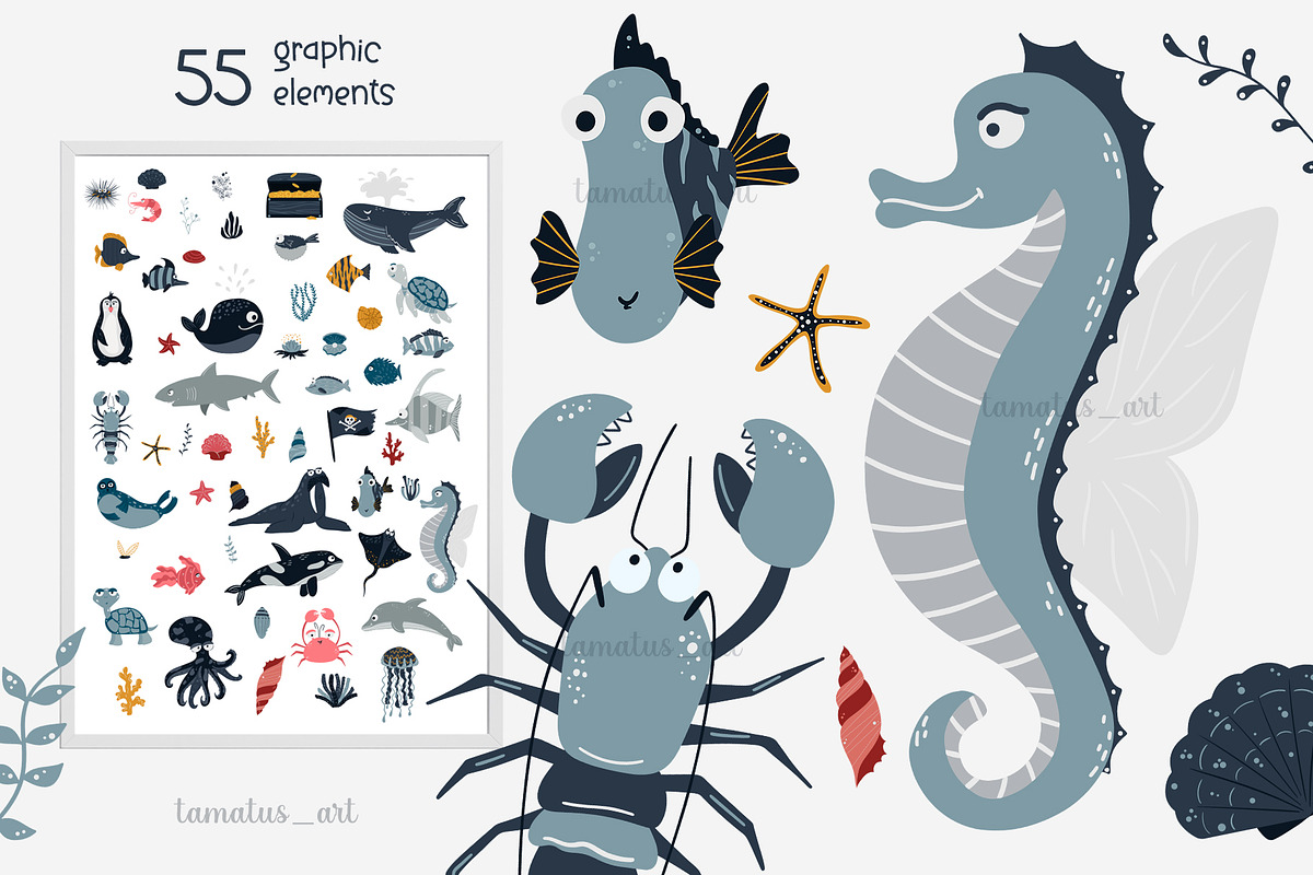 Sea Life clipart & pattern, an Animal Illustration by tamatus_art (Photo 7 of 9)