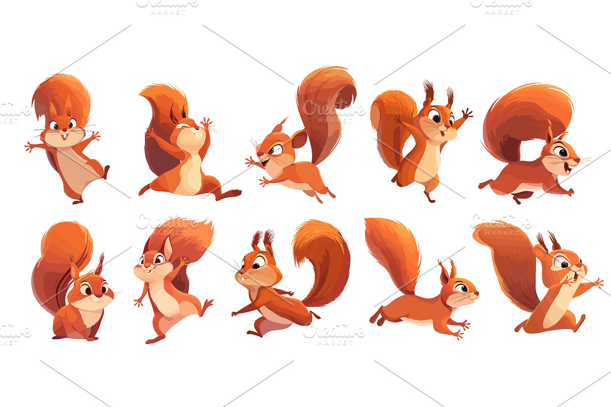 red squirrels cartoon set. brown, an Animal Illustration by Stock-Smart-Start