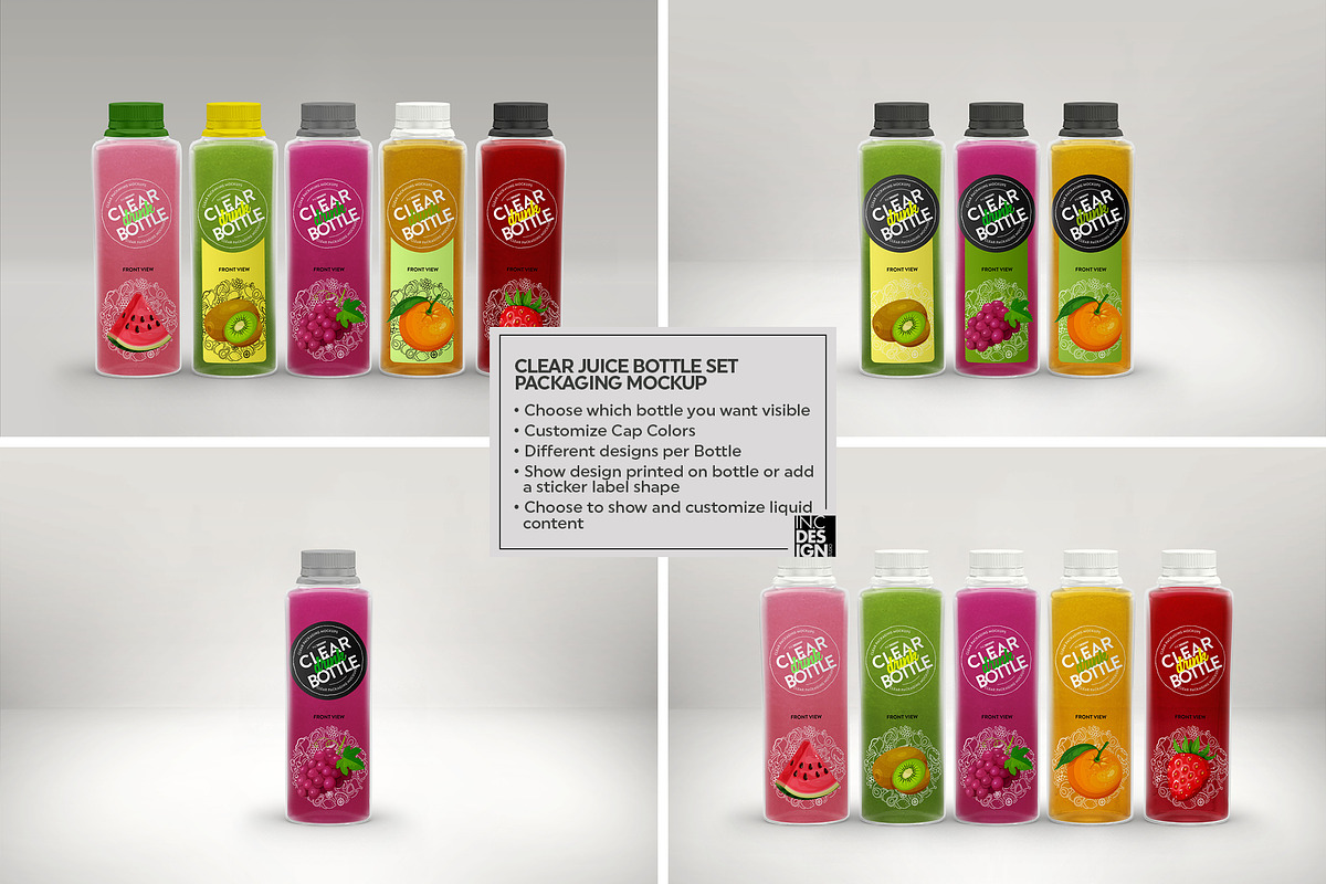 Clear Juice Bottle Sets Mockup, a Packaging Mockup by INCDesign (Photo 9 of 10)