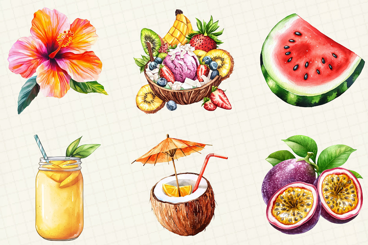 Watercolor Tropical Summer Clipart, an Illustration by OK Design (Photo 5 of 5)