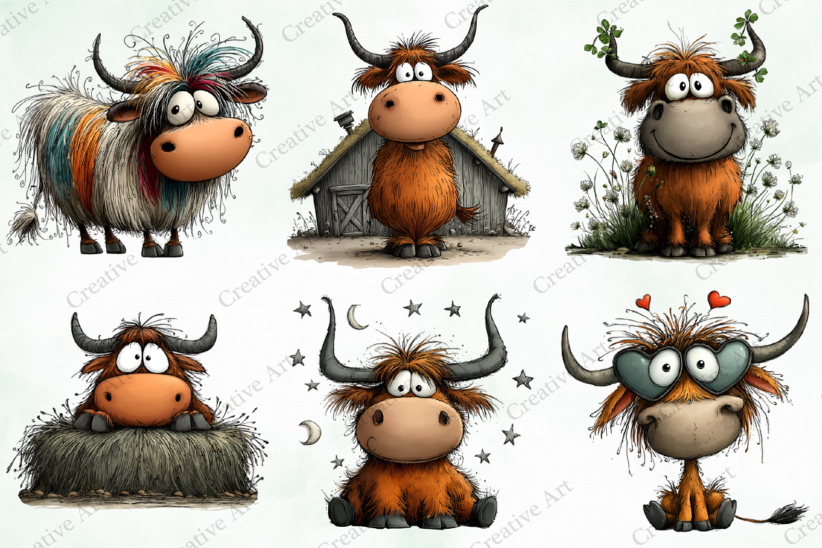 Whimsical Highland Cow Clipart, an Illustration by Creative Art (Photo 7 of 10)