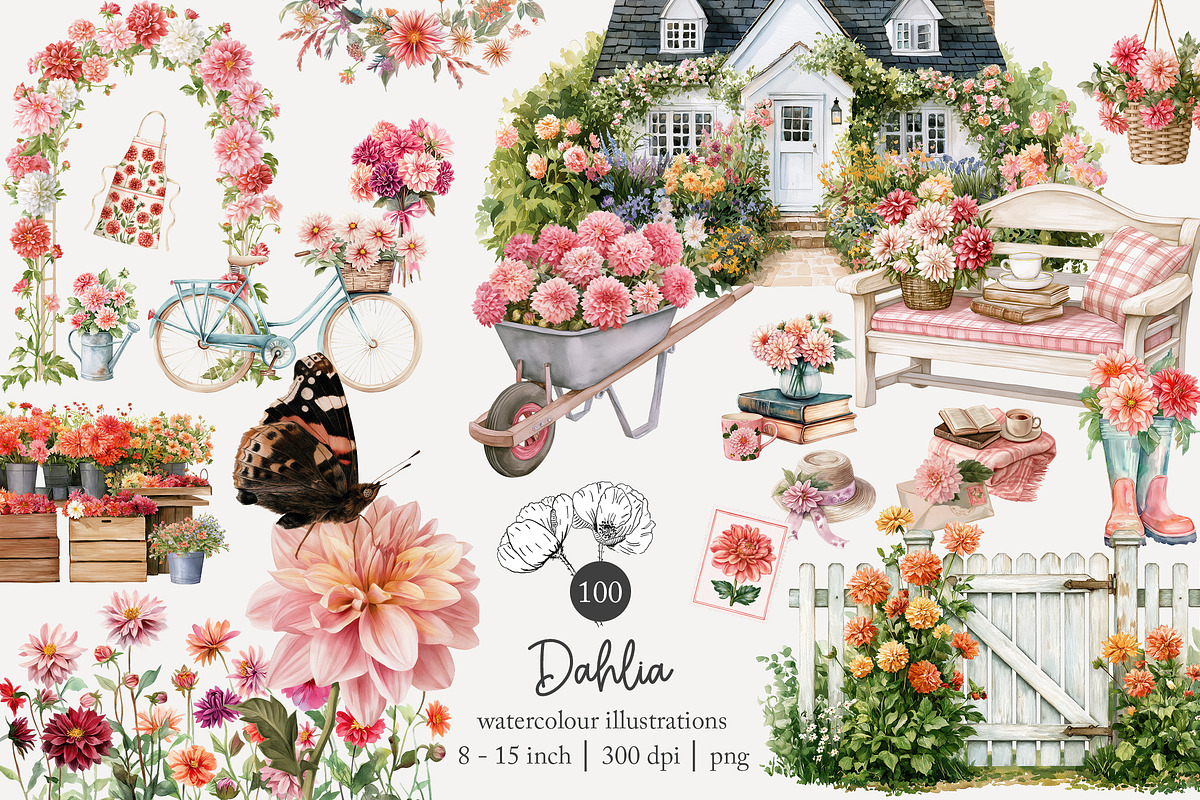 100 watercolour dahlia clip art, a Seasonal Illustration by Poppy Lane Studio (Photo 1 of 12)