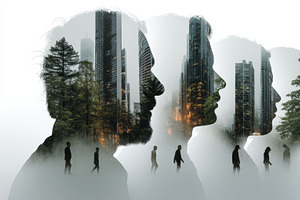 Double exposure silhouettes blend urban skyline with nature as people walk thro, an Illustration by AS photostudio