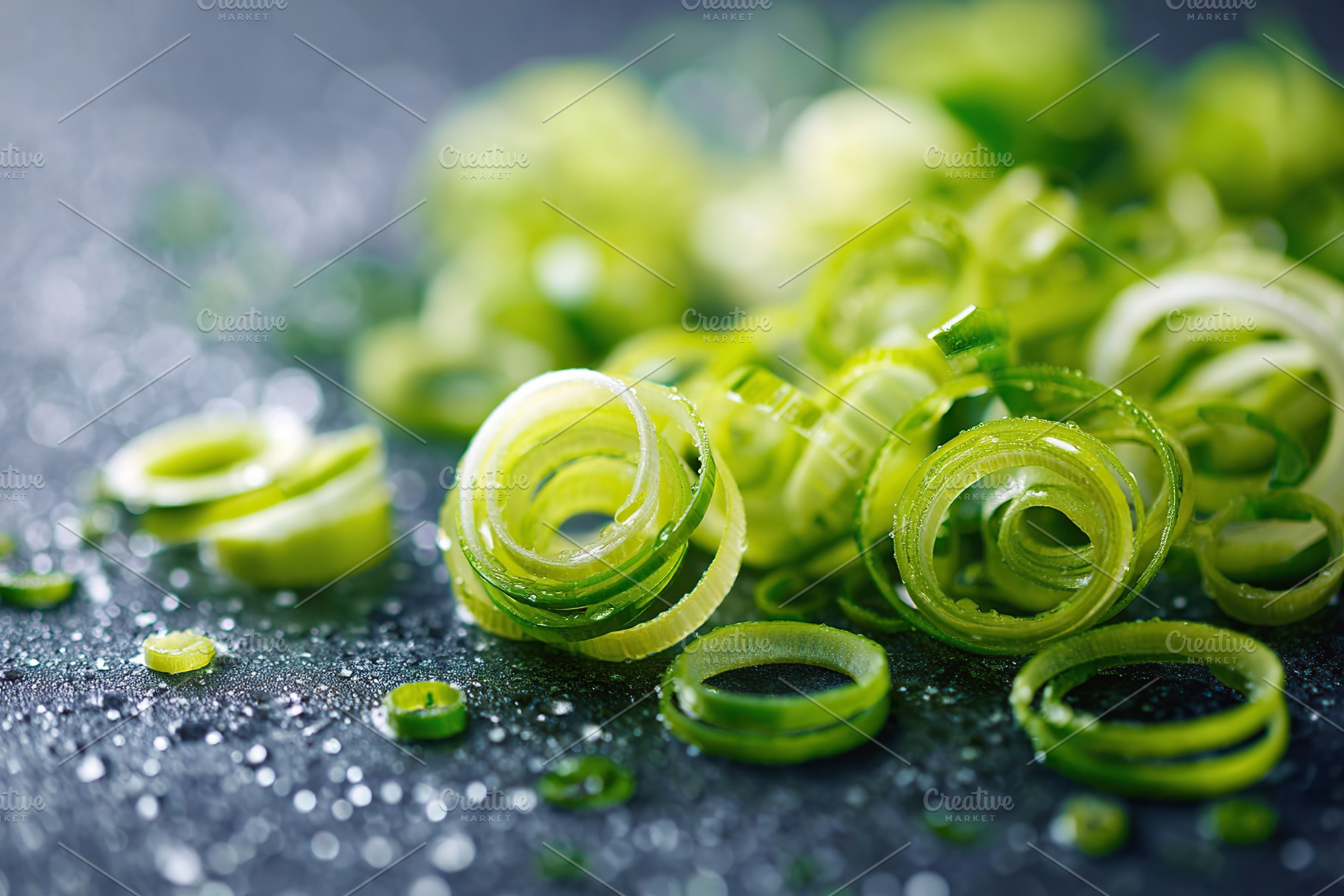 Freshly sliced green onions arranged artfully on a dark countertop with water d, a Food & Drink Photo by AlyaAnd
