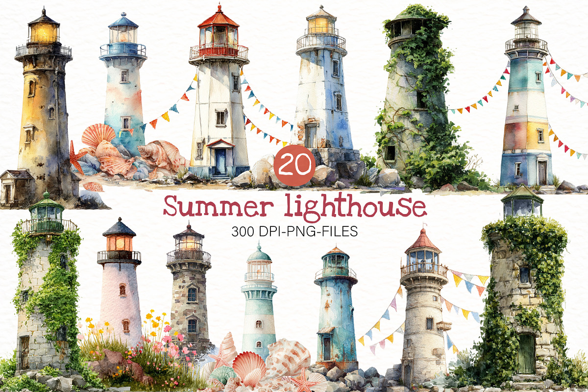 Watercolor Summer lighthouse clipart, an Illustration by Designworld (Photo 1 of 7)