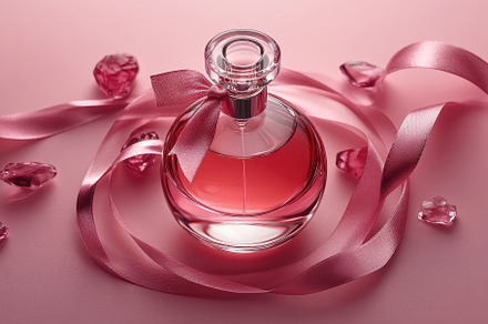 Elegant pink perfume bottle surround, a Photo by Tanuart