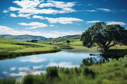 Landscape with a beautiful pond at t, a Photo by SaroStock