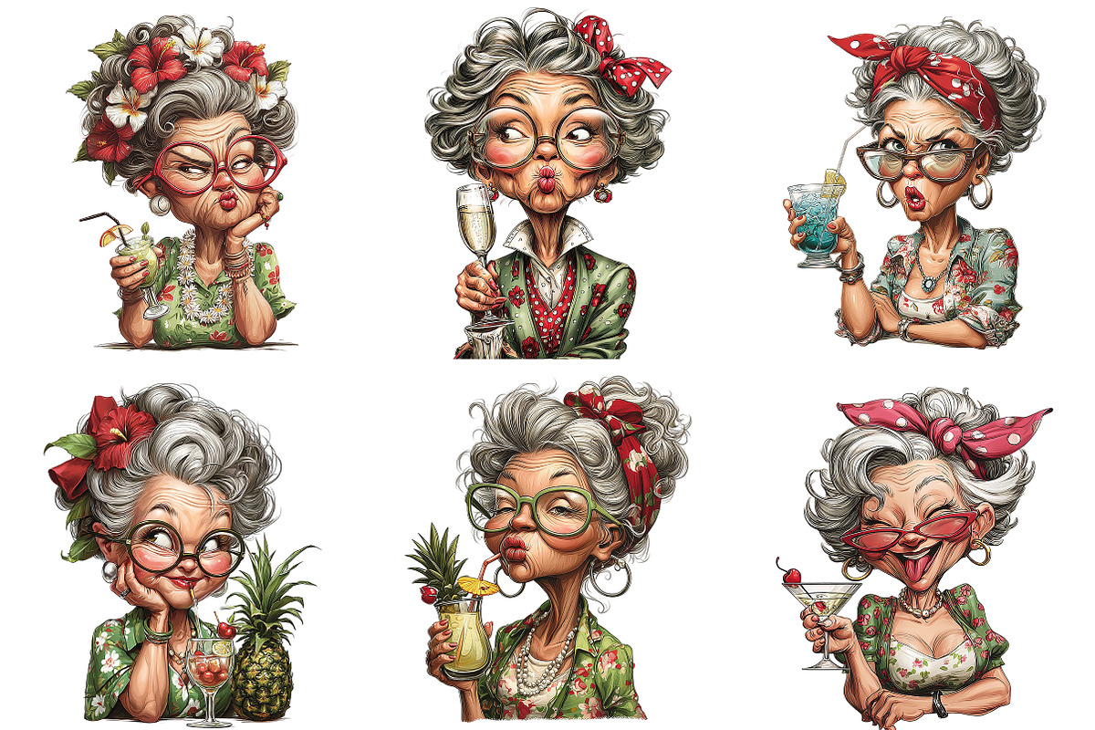Funny Senior Lady Drinking Cocktail, an Illustration by Craft Nest (Photo 7 of 9)
