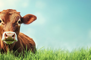 Brown cow lays on a grass banner, an Animal Photo by MistyDay