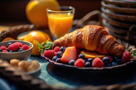 Delicious croissants with fresh berries and glass of juice on wooden table. Gen, a Food & Drink Photo by AlyaAnd