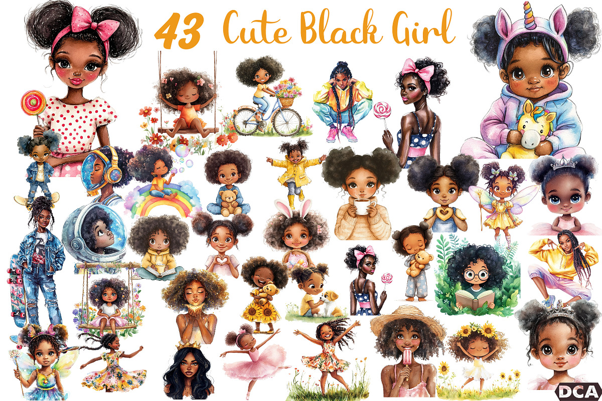 Cute Black Girl Clipart, an Illustration by DreamCafeArt (Photo 1 of 6)