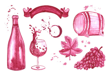 Watercolor wine elements set