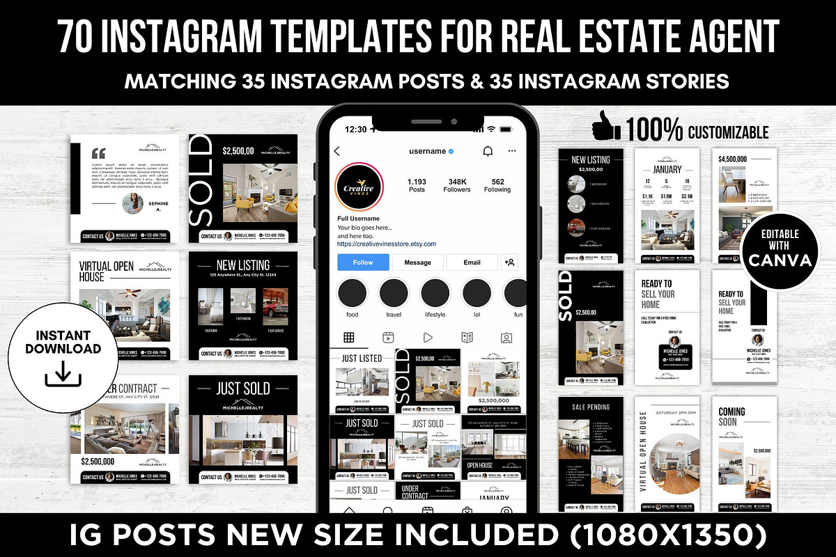 Real Estate Instagram Posts Canva, a Social Media Template by CreativeVinesStore (Photo 2 of 14)