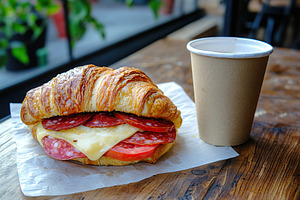 Croissant sandwich with meat, cheese and takeaway paper cup of coffee on wooden, a Food & Drink Photo by AlyaAnd