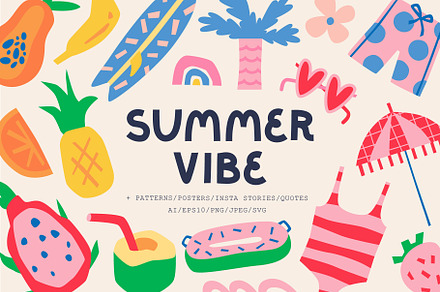 Summer Vibe | Clipart + patterns, an Illustration by katieromanoff_art