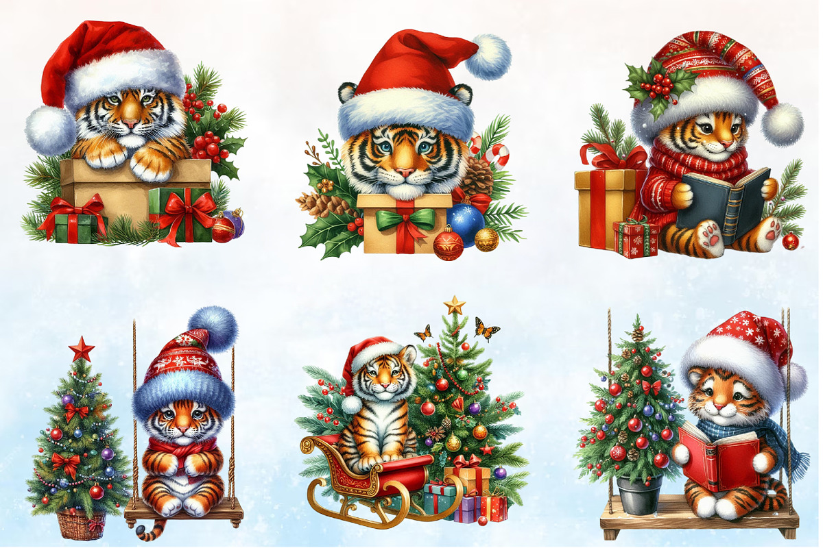 Watercolor Christmas Tiger Clipart, a Seasonal Illustration by Rose Art (Photo 2 of 3)