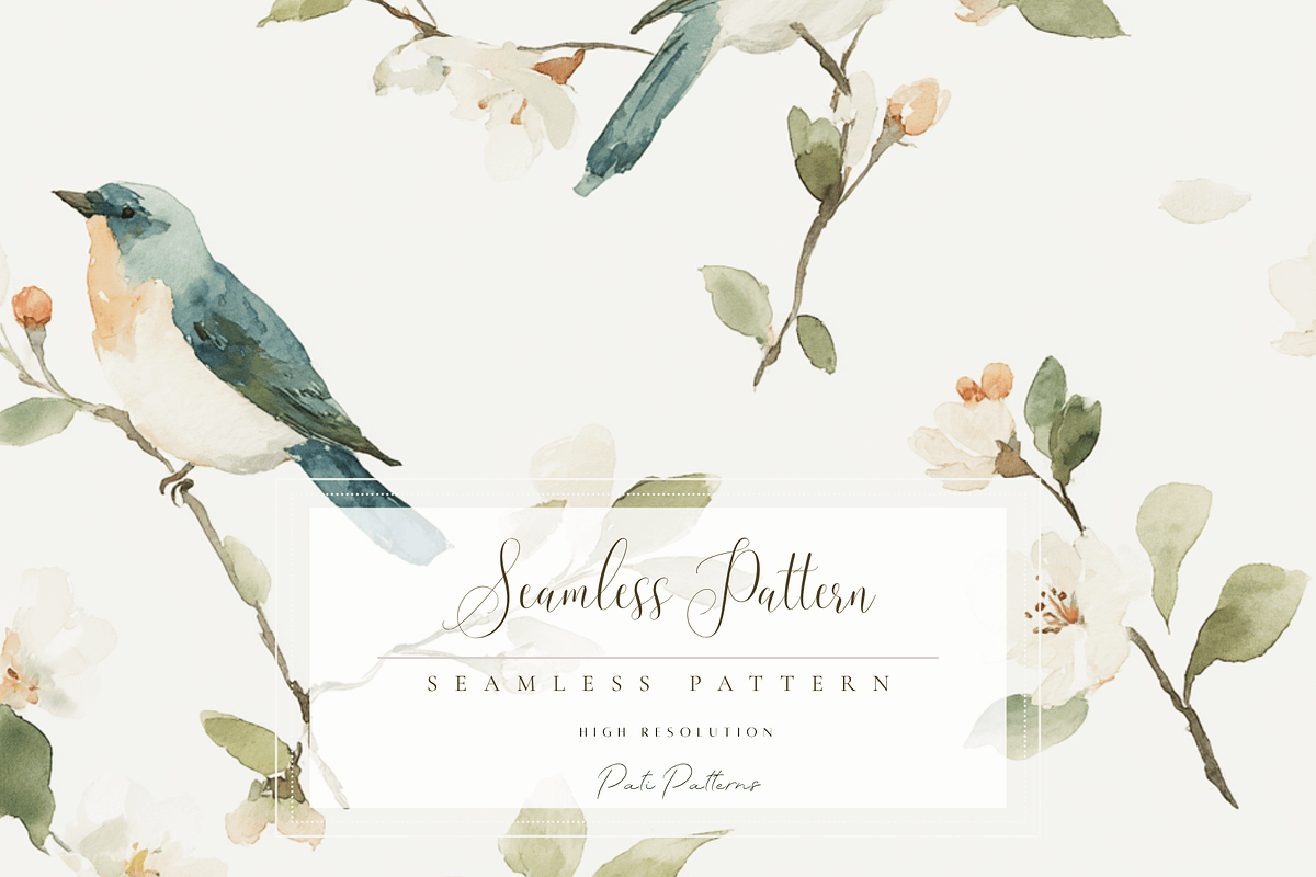 Watercolor Blue Jays and Cherry Blos, a Pattern Graphic by Pati Charm Studio (Photo 1 of 8)
