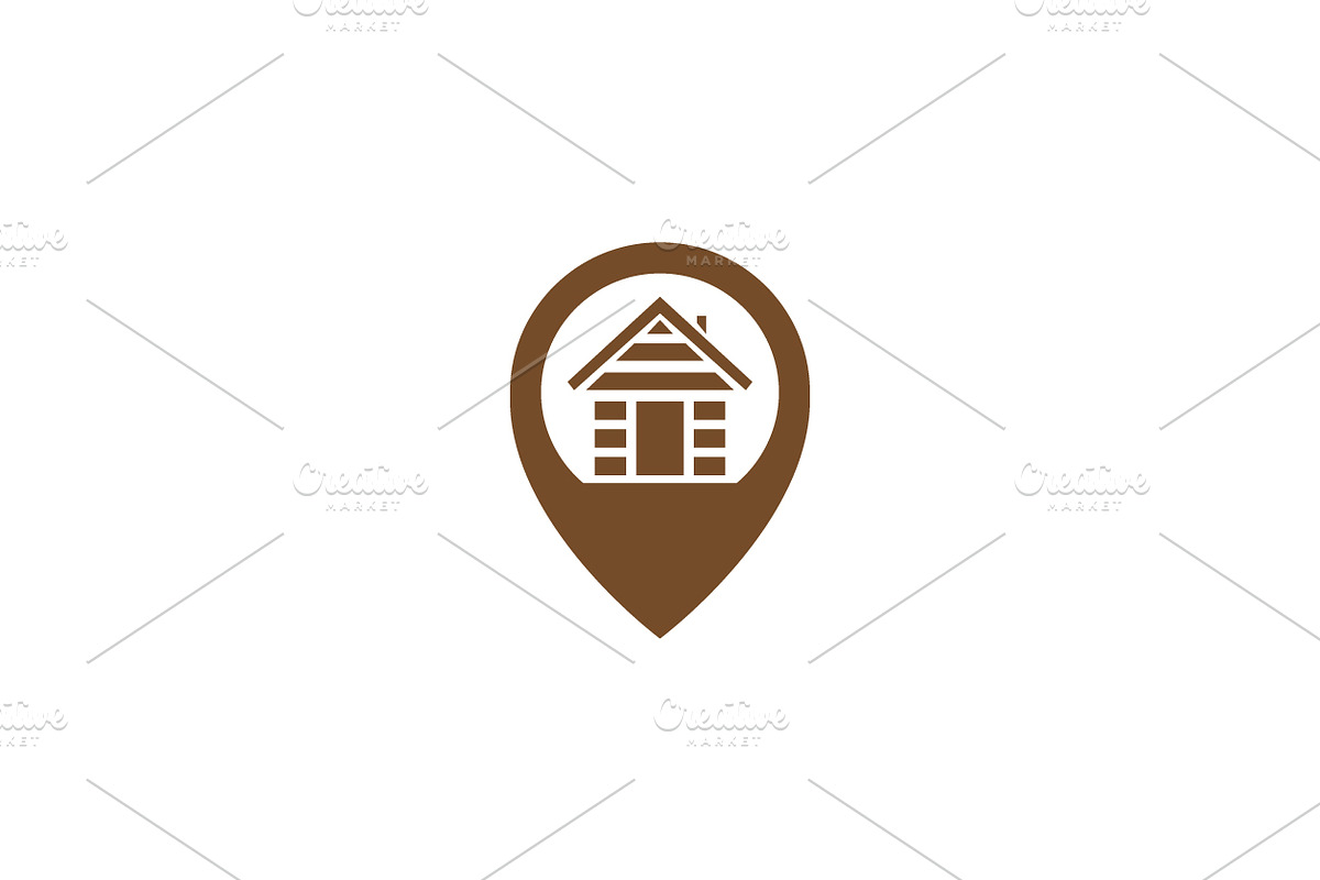 wood home with pin map location logo