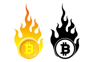 Golden Bitcoin coin in tongues of, a Finance Illustration by Vectorbuum