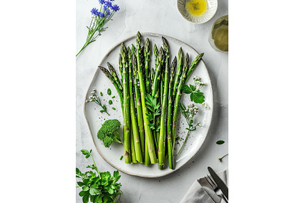 Green asparagus sprouts in plate, a Food & Drink Photo by Neirfy