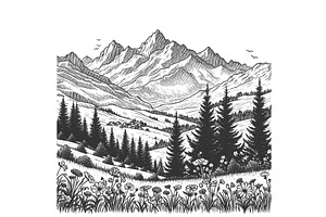 Mountain Landscape Scene engraving, an Illustration by AlexArt