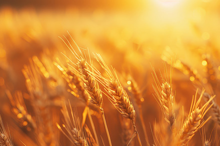 Close-up of golden wheat ears illuminated by sunlight in a field, showcasing th, a Nature Photo by Mashimara