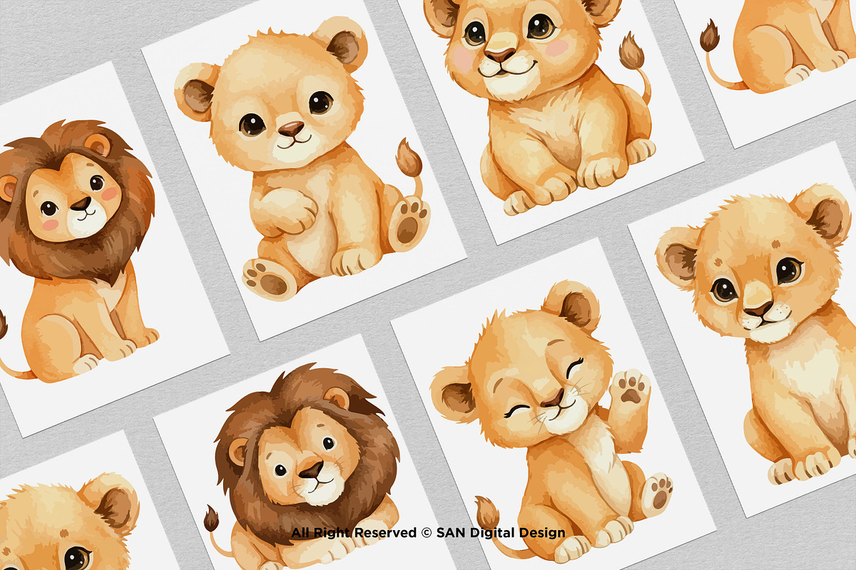 15 Bundle Watercolor Cute Lion Fam, an Animal Illustration by Morspective (Photo 3 of 8)