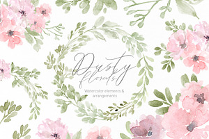 Watercolor Dusty Green Pink Flowers