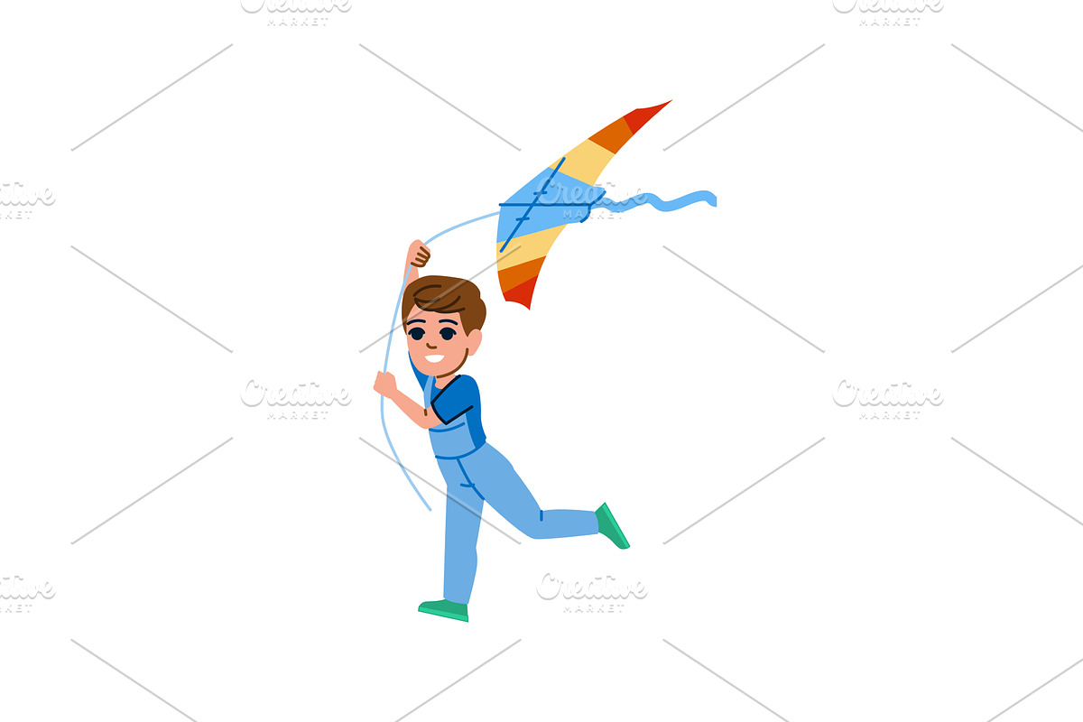 Happy boy running and holding a kite, an Illustration by pikepicture