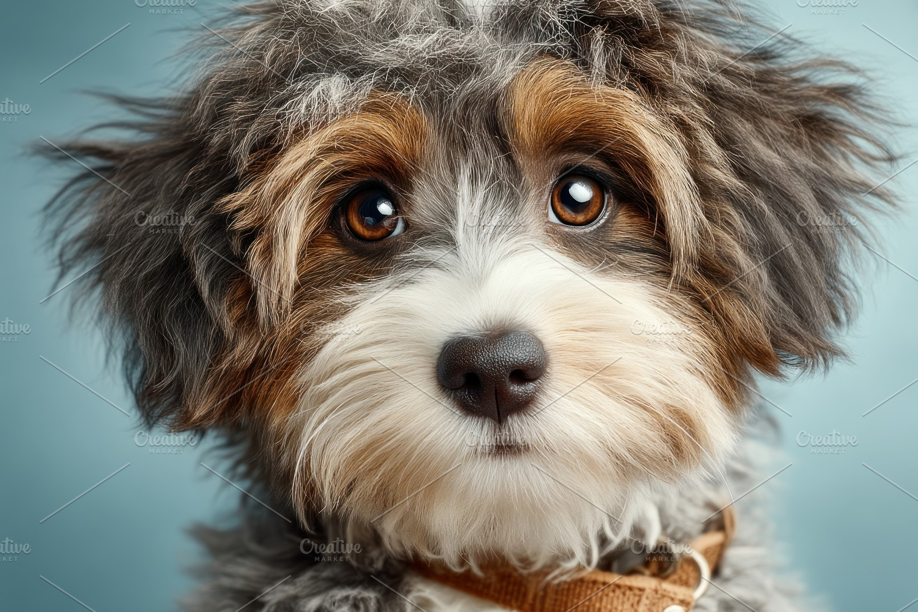 Cute fluffy mixed breed dog close up portrait with expressive br, an Animal Photo by José Manuel Gelpi