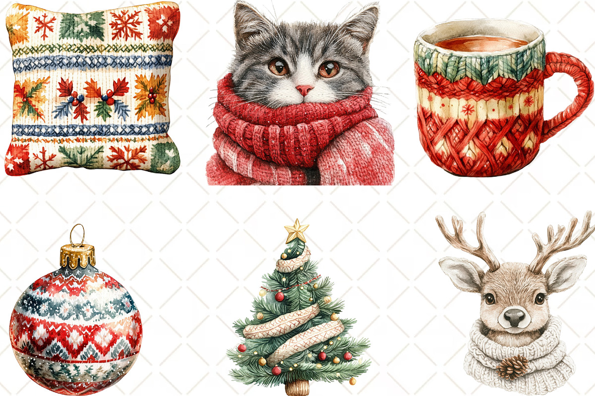 Watercolor Christmas Knitted Clipart, an Illustration by Black Bird Studio (Photo 2 of 6)