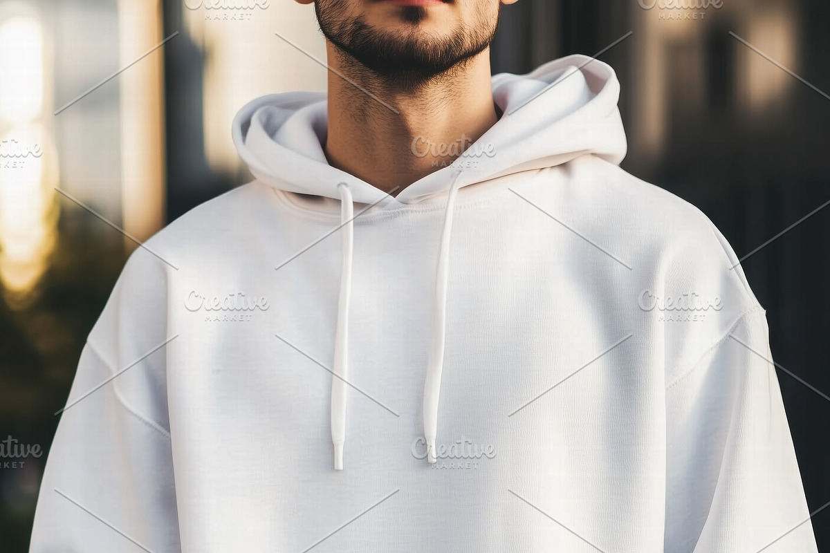 A young man wearing a white hoodie mockup with a front pocket