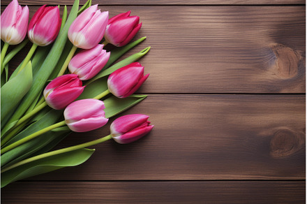 Bouquet of pink tulips lying on, a Holiday Photo by Ylivdesign