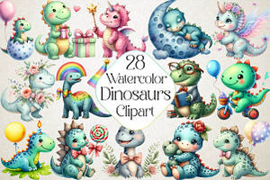 Dinosaurs Watercolor Clipart, an Illustration by DreamPrint404