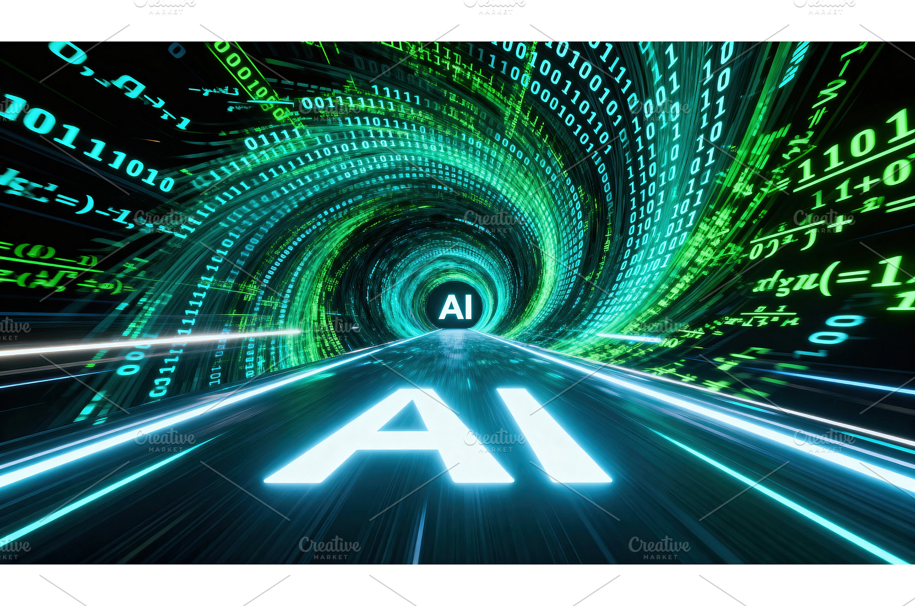AI tunnel racing through neon binary, a Technology Photo by tilialucida