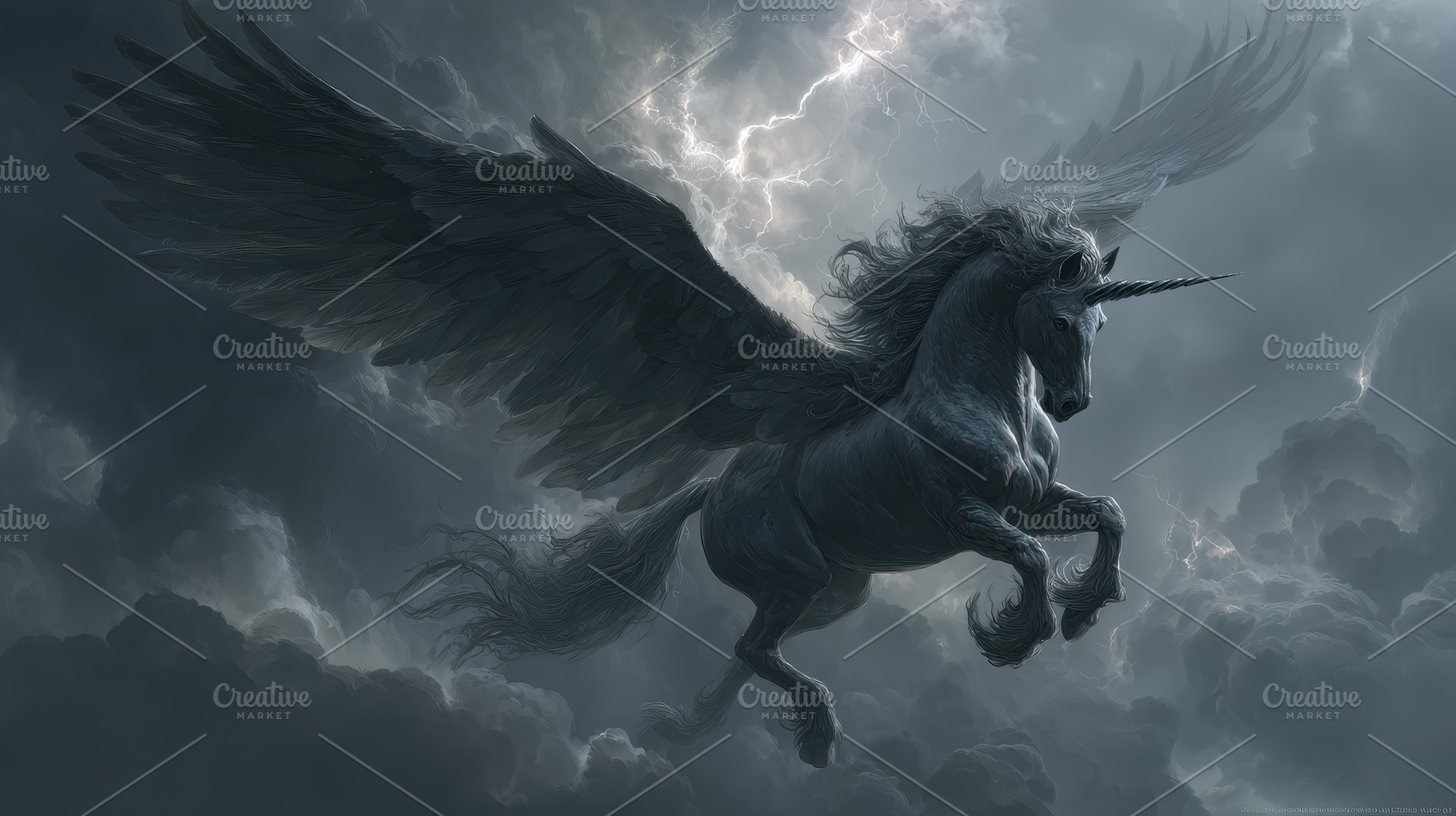 Dark winged unicorn soaring through, a Photo by Pixeness Studio