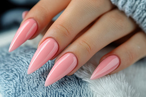 Woman's hand displays long stiletto, a Photo by Pavel_design