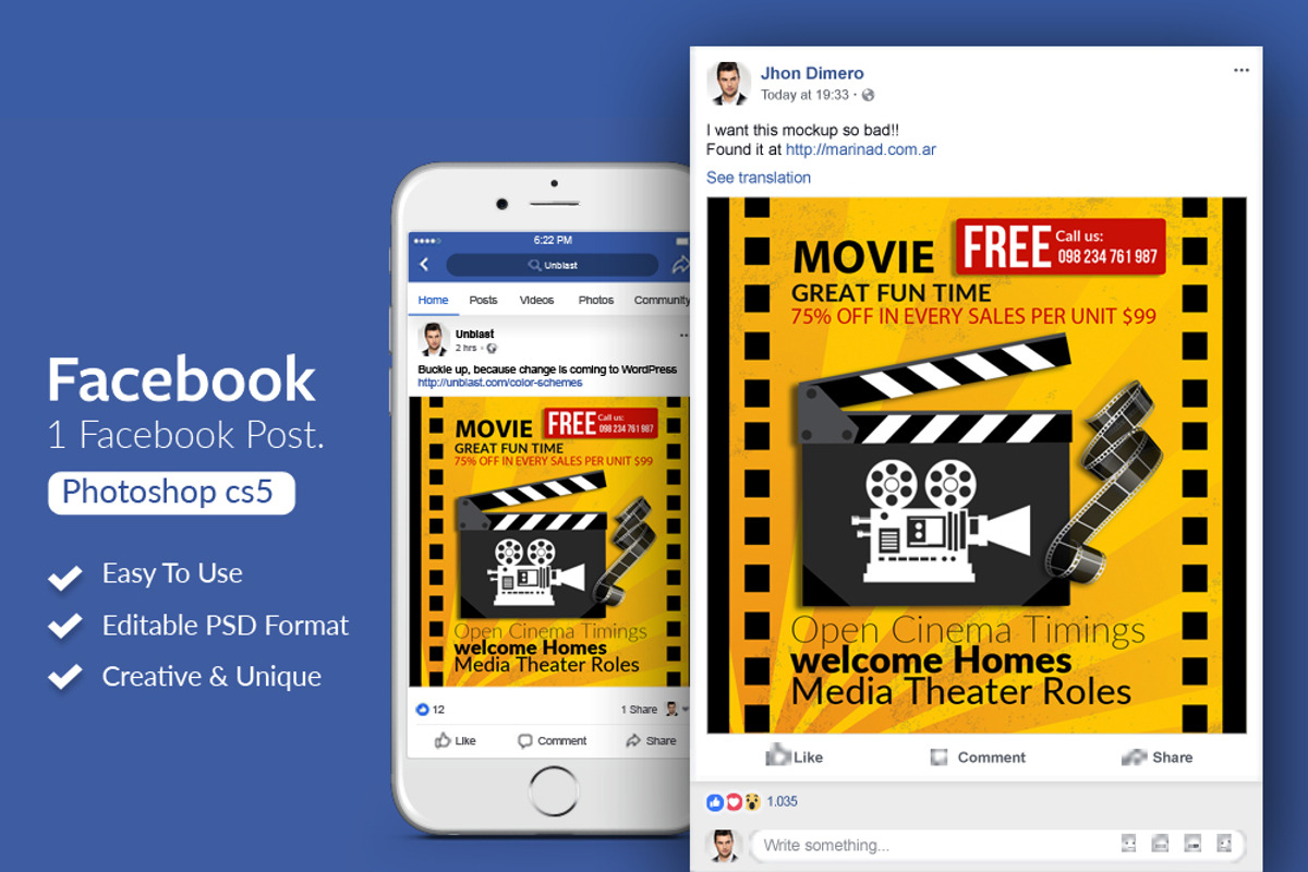 Movie Cinema Facebook Post Banner, a Social Media Template by Psd Templates
