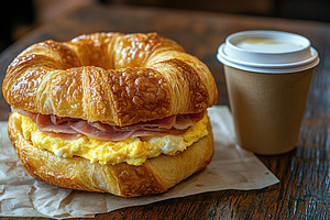 Croissant sandwich with meat, cheese and takeaway paper cup of c, a Food & Drink Photo by AlyaAnd