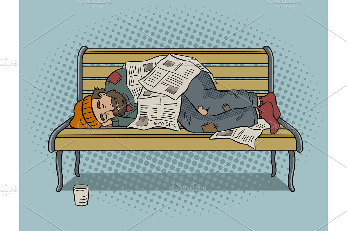 Homeless man on bench pop art vector, a Decorative Illustration by AlexArt