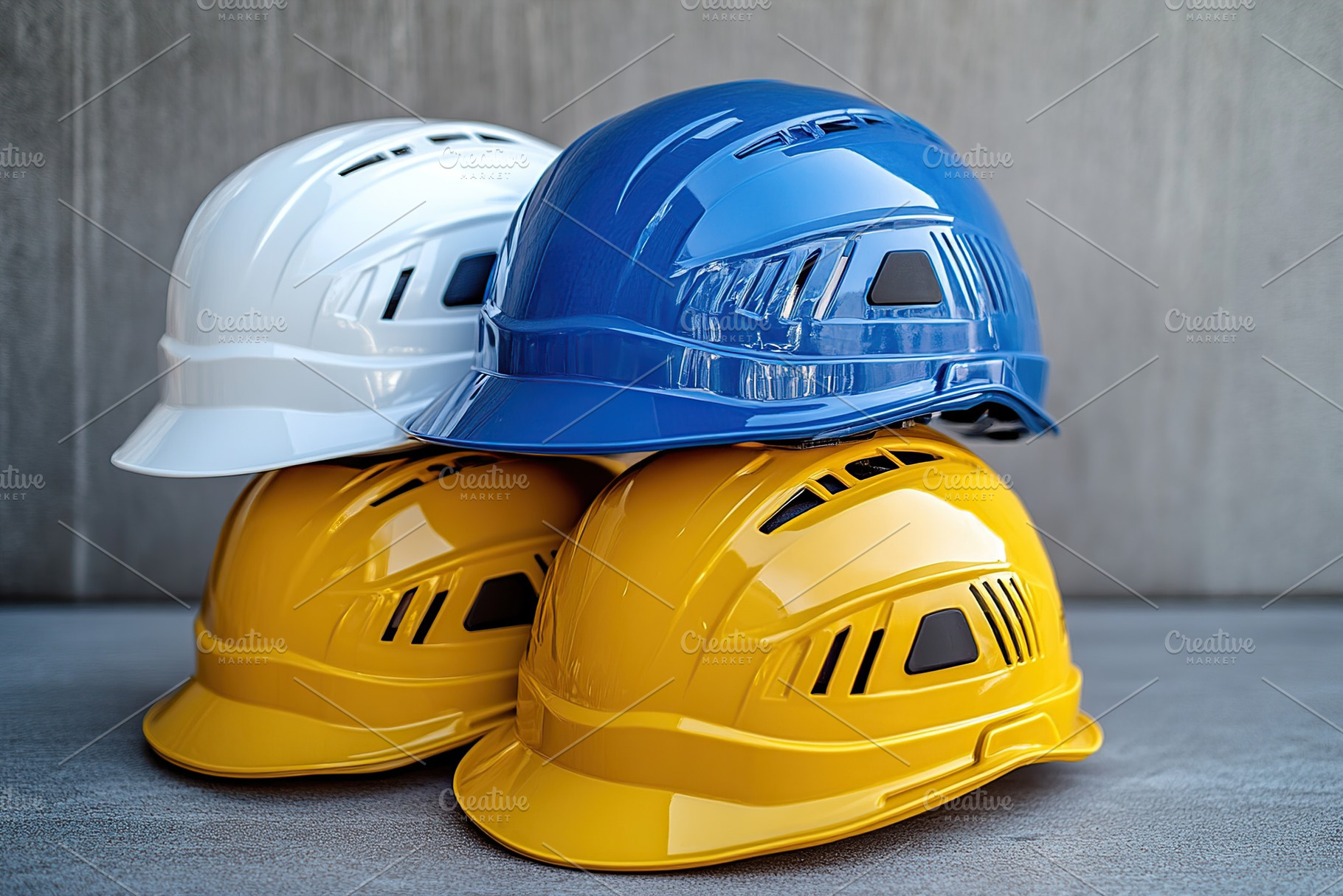 Yellow, white, and blue safety helmets are neatly stacked on a smooth surface,, a Photo by AlyaAnd