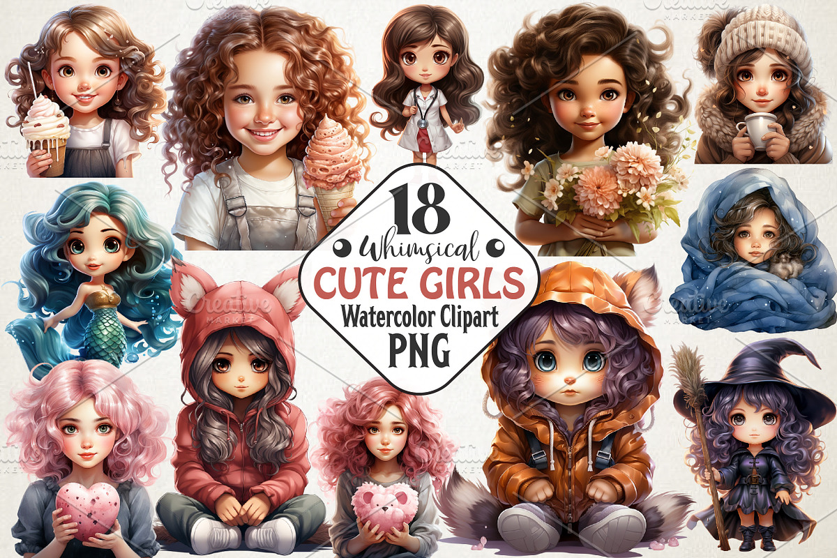 Cute Watercolor Girls Clipart Whims, an Illustration by RobertsArt (Photo 1 of 4)