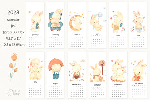 BUNNIES And CALENDAR 2023,watercolor