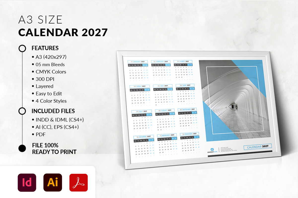 A3 Landscape Calendar 2027 Template, a Stationery Template by MstArtwork (Photo 2 of 5)