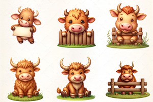 Cute Western Highland Cows Clipart, an Illustration by CrexoraLab