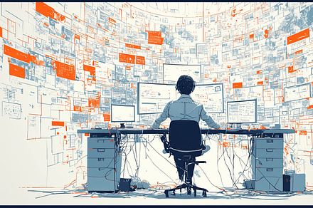 System administrator working on machine learning in tech environment, an Illustration by AS photostudio