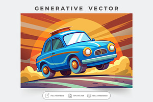 A vibrant blue cartoon car drives en, a Graphic by Iftikhar Alam