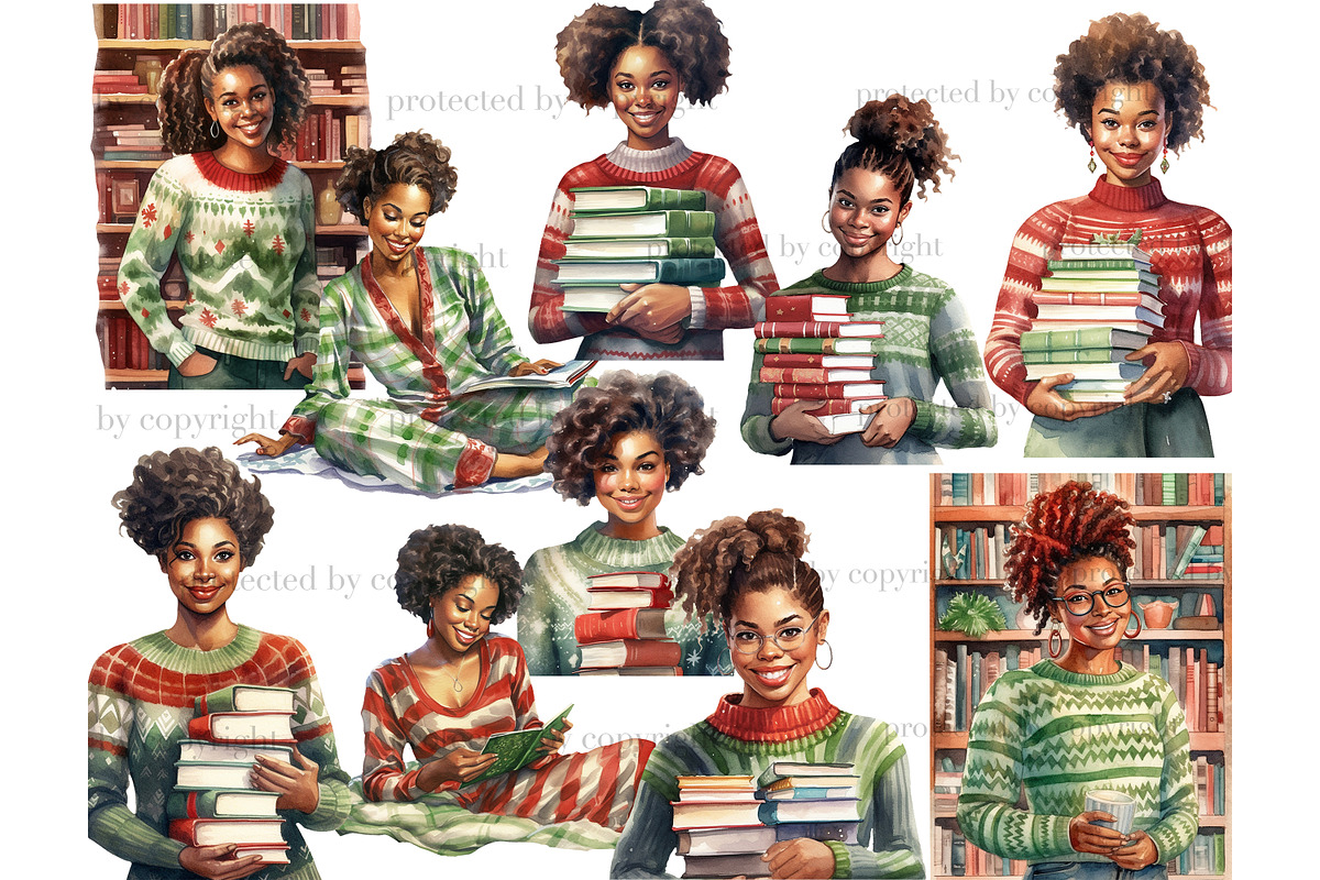 Holiday Reading Black Girls Clipart, a Person Illustration by GlamArtZhanna (Photo 3 of 5)
